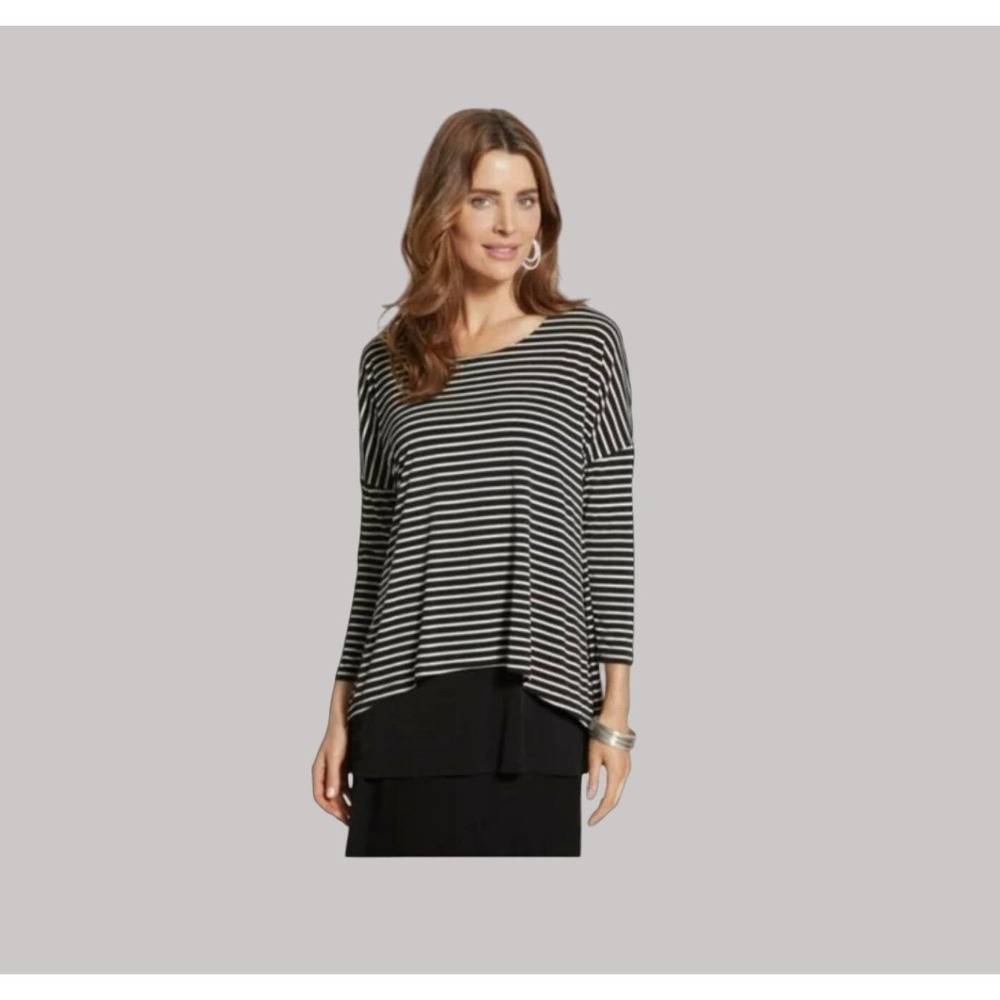Chicos Tunic Tabitha Top Size XL Black White Stripe Overlay Stretch Boho